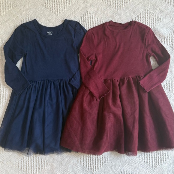 Bundle of 2 Long Sleeve Toddler Girl Dresses Navy & Burgundy 3T - Picture 1 of 7
